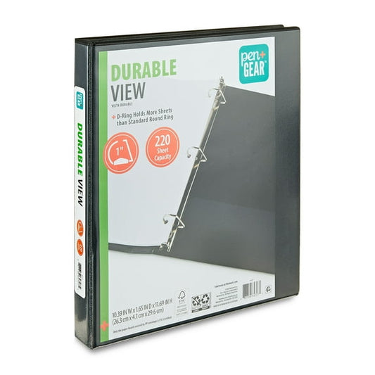 Pen+Gear Durable View 1-inch D-Ring Binder, Black