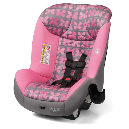 Pink and gray floral-patterned car seat on a white background