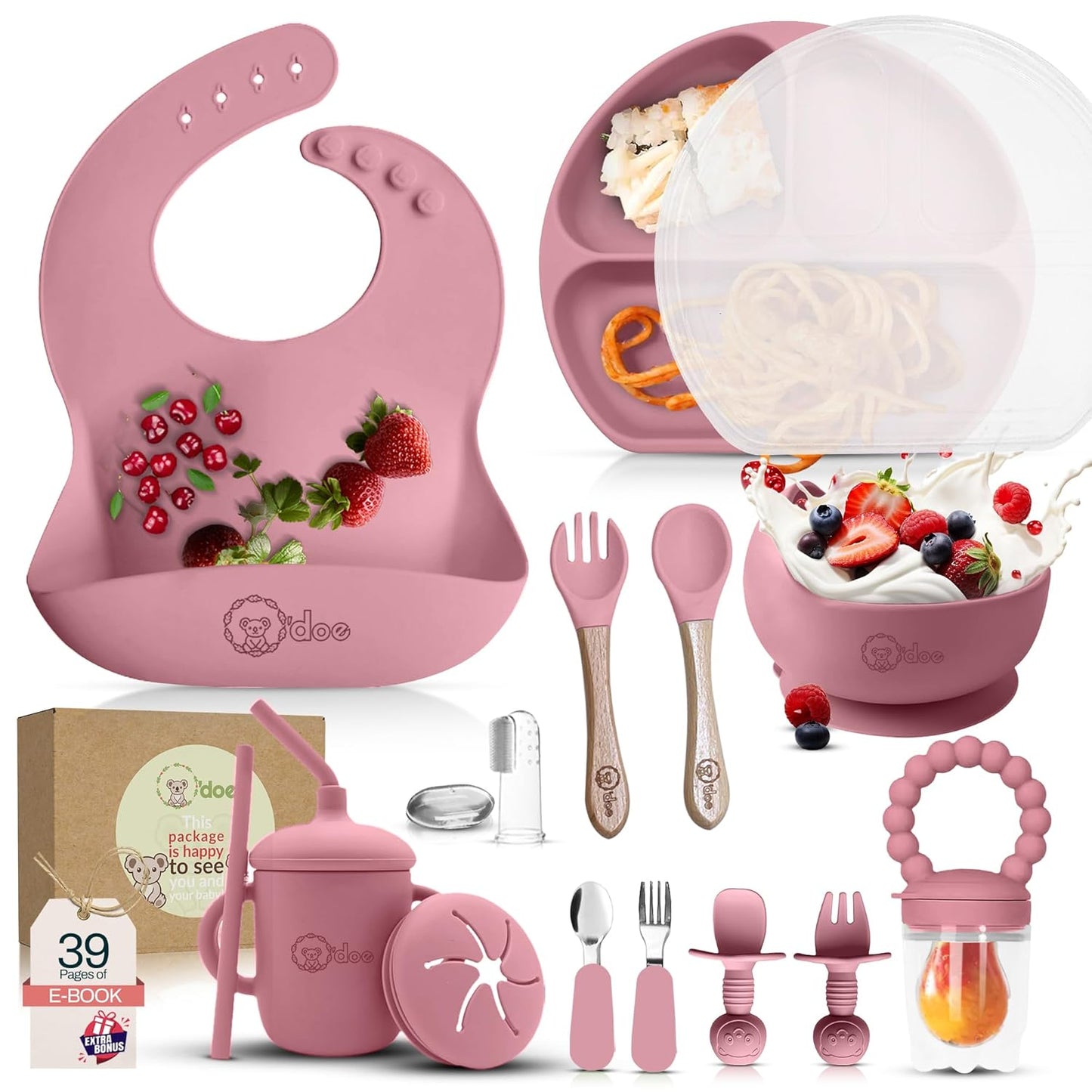 Pink baby feeding set with bib, bowl, cups, and utensils on a white background