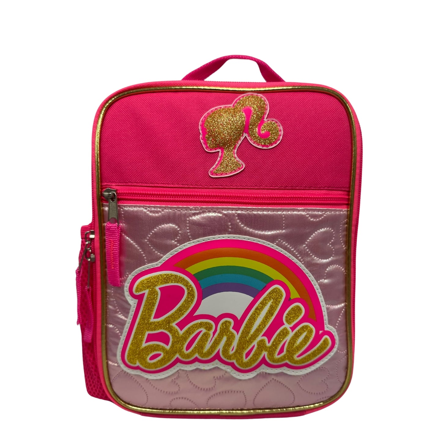 Pink backpack with Barbie text and Barbie design on a white background