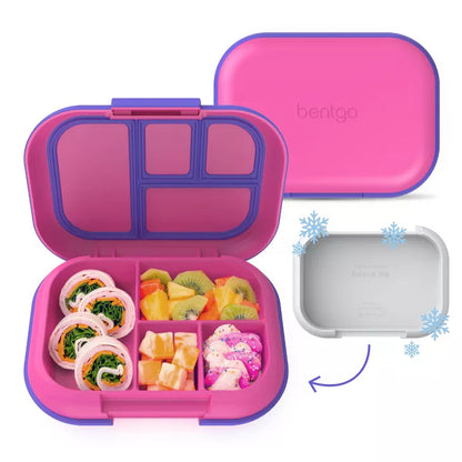 Pink bento lunch box with compartments filled with food and a separate gray lid on a white background