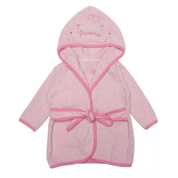 Pink children's hooded robe with a belt on a white background