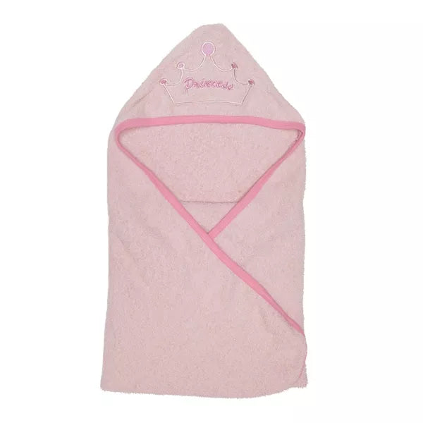 Pink hooded towel with decorative trim and 'Princess' text on a white background