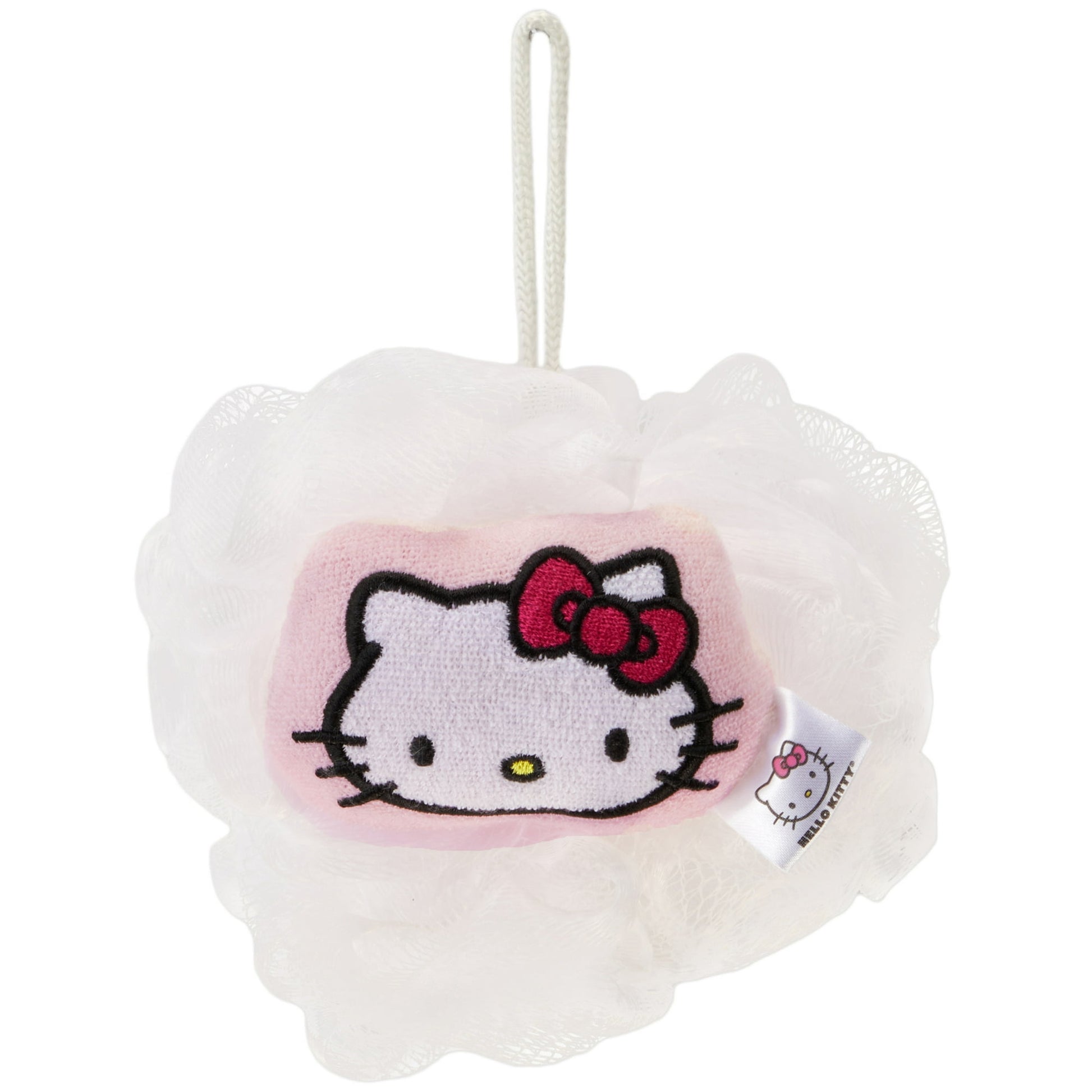 Pink kids bath loofah pouf with cute cartoon character design, gentle for daily use