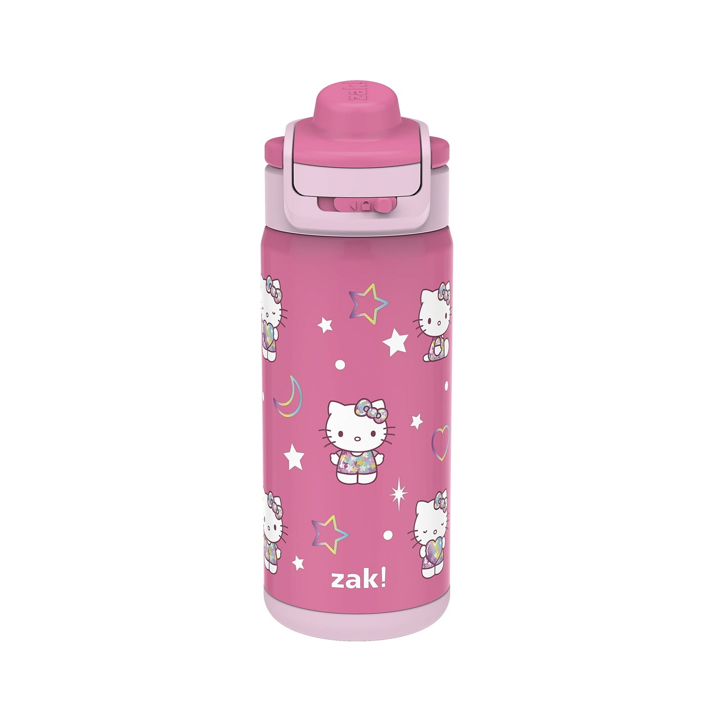 Pink water bottle with Hello Kitty design and branding on a white background