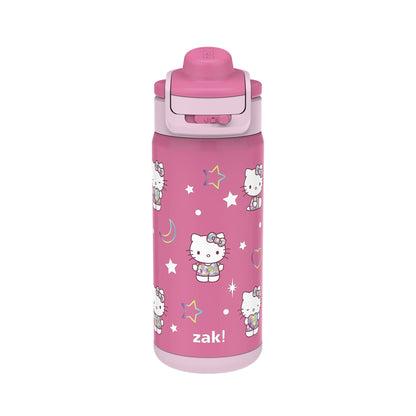 Pink water bottle with Hello Kitty design and branding on a white background