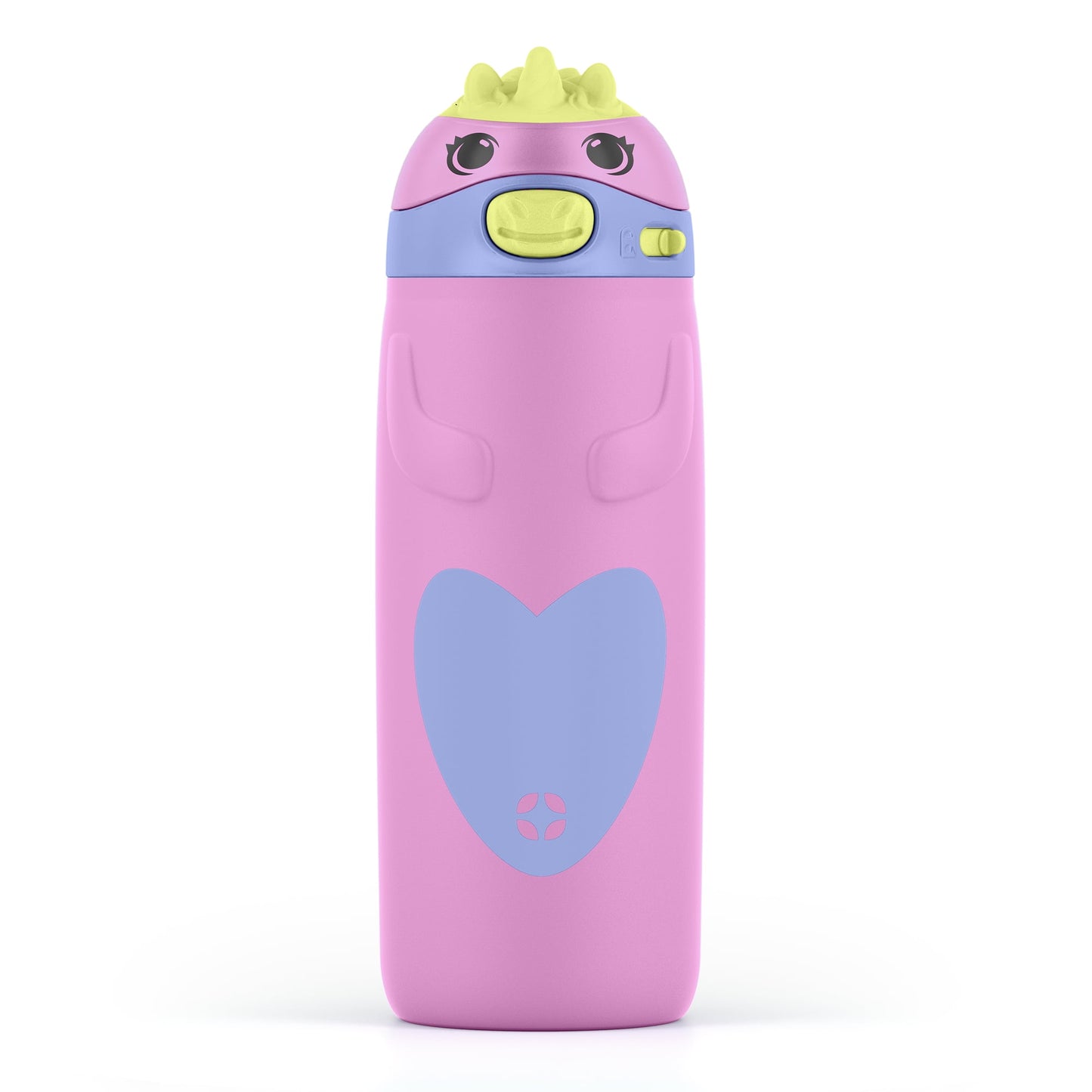 Pink water bottle with a cartoonish design on a white background
