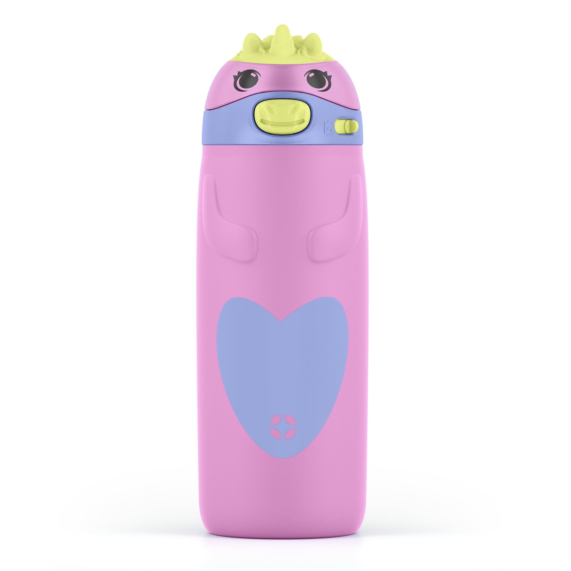 Pink water bottle with a cartoonish design on a white background