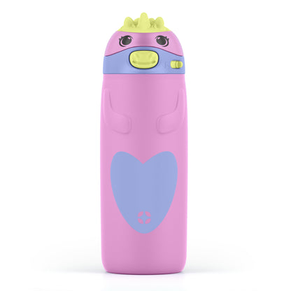 Pink water bottle with a cartoonish design on a white background