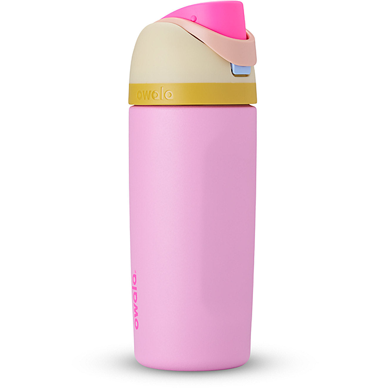 Pink water bottle with a colorful cap on a white background