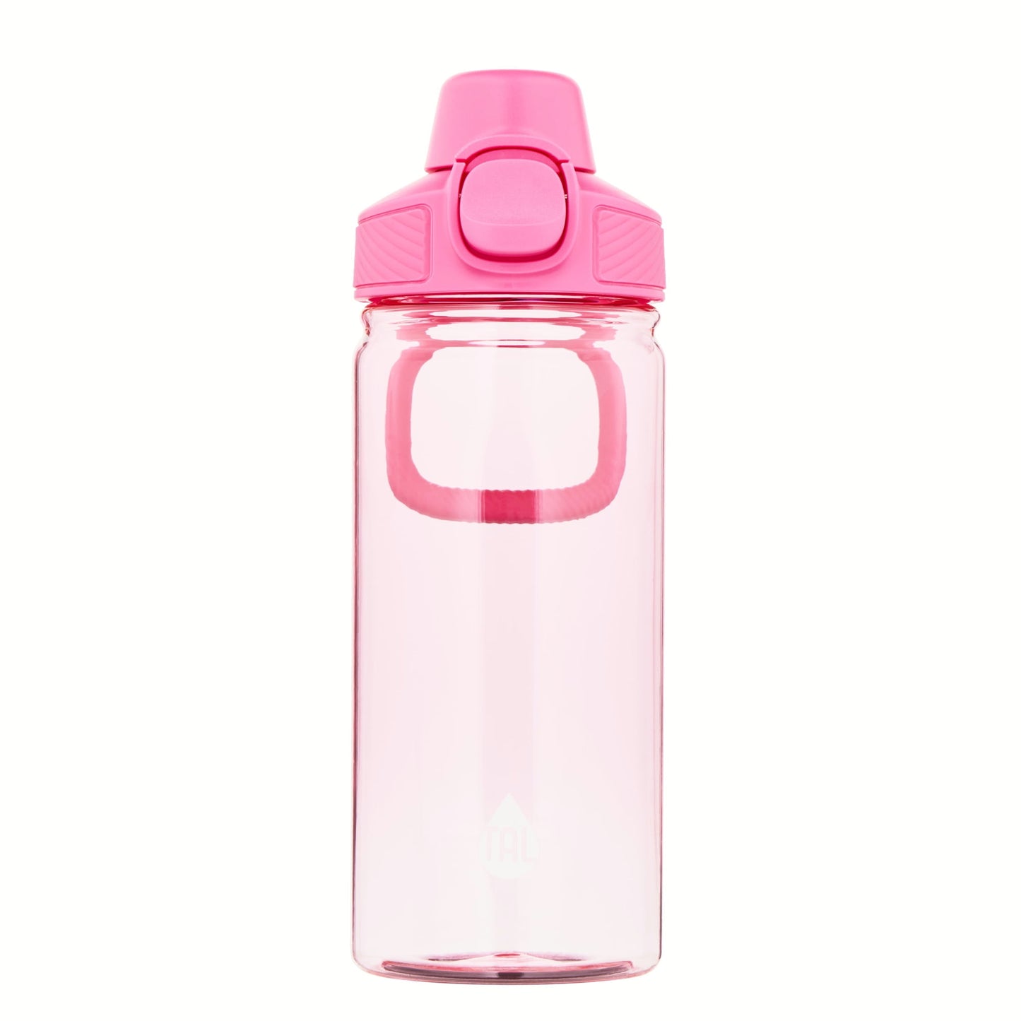 Pink water bottle with a matching cap on a white background
