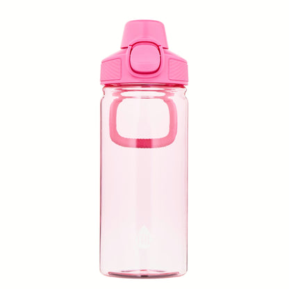 Pink water bottle with a matching cap on a white background