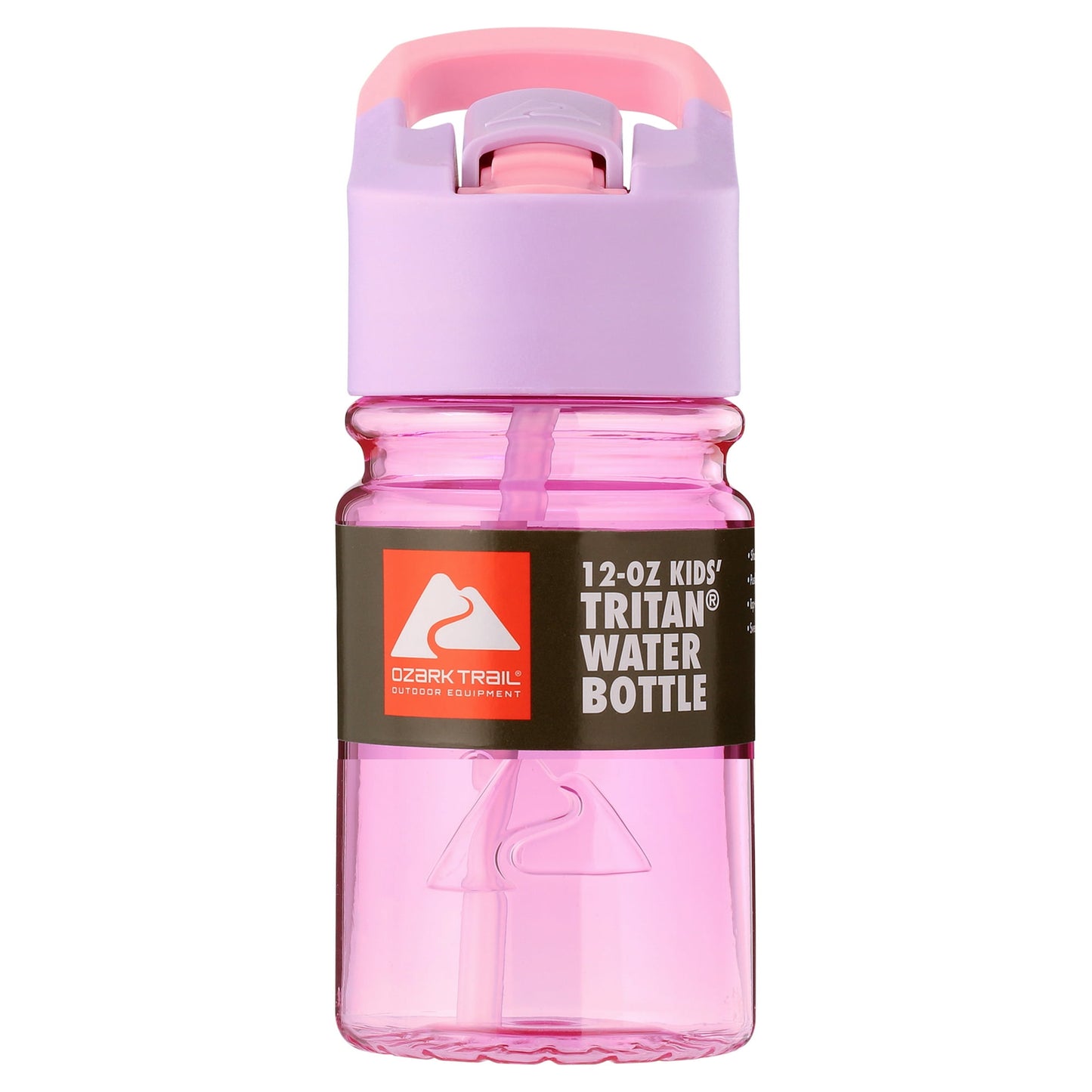 Pink water bottle with a purple cap on a white background