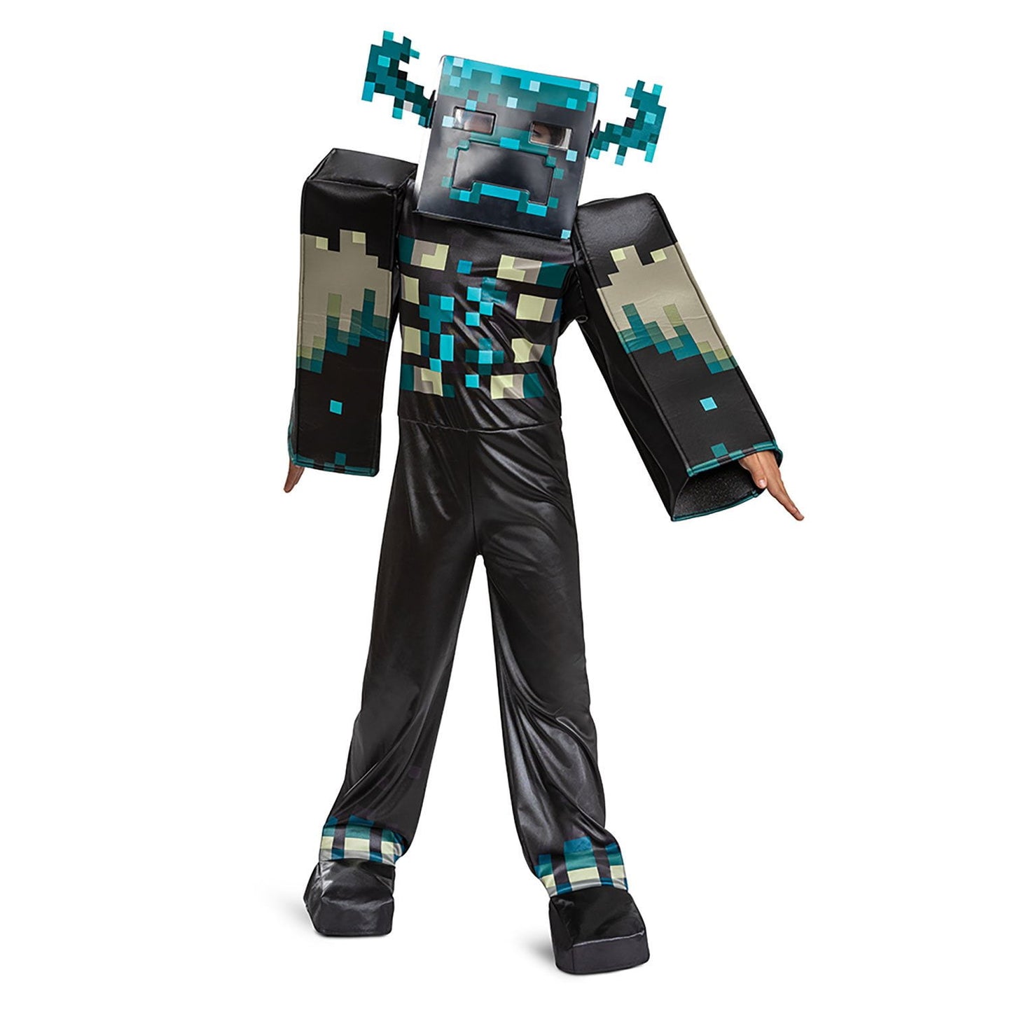 Pixelated character Halloween costume with black and teal design on a white background