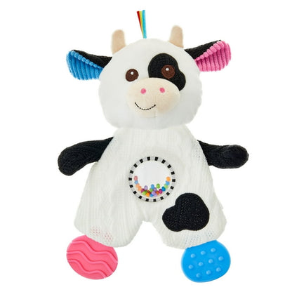 Plush cow teether toy with colorful accents on a white background