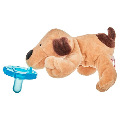 Plush dog toy with a blue pacifier on a white background