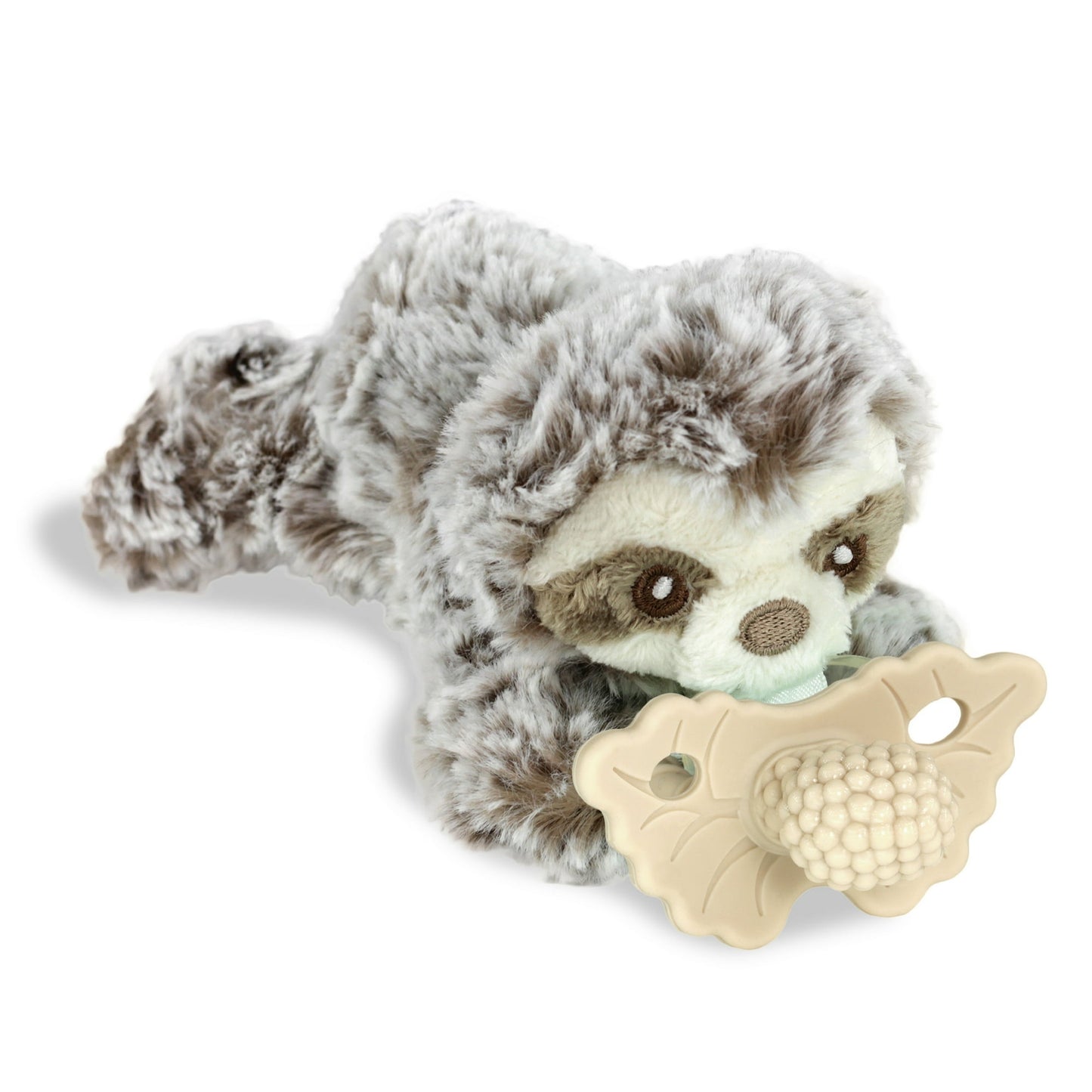 Plush sloth toy with a beige teething ring on a white background