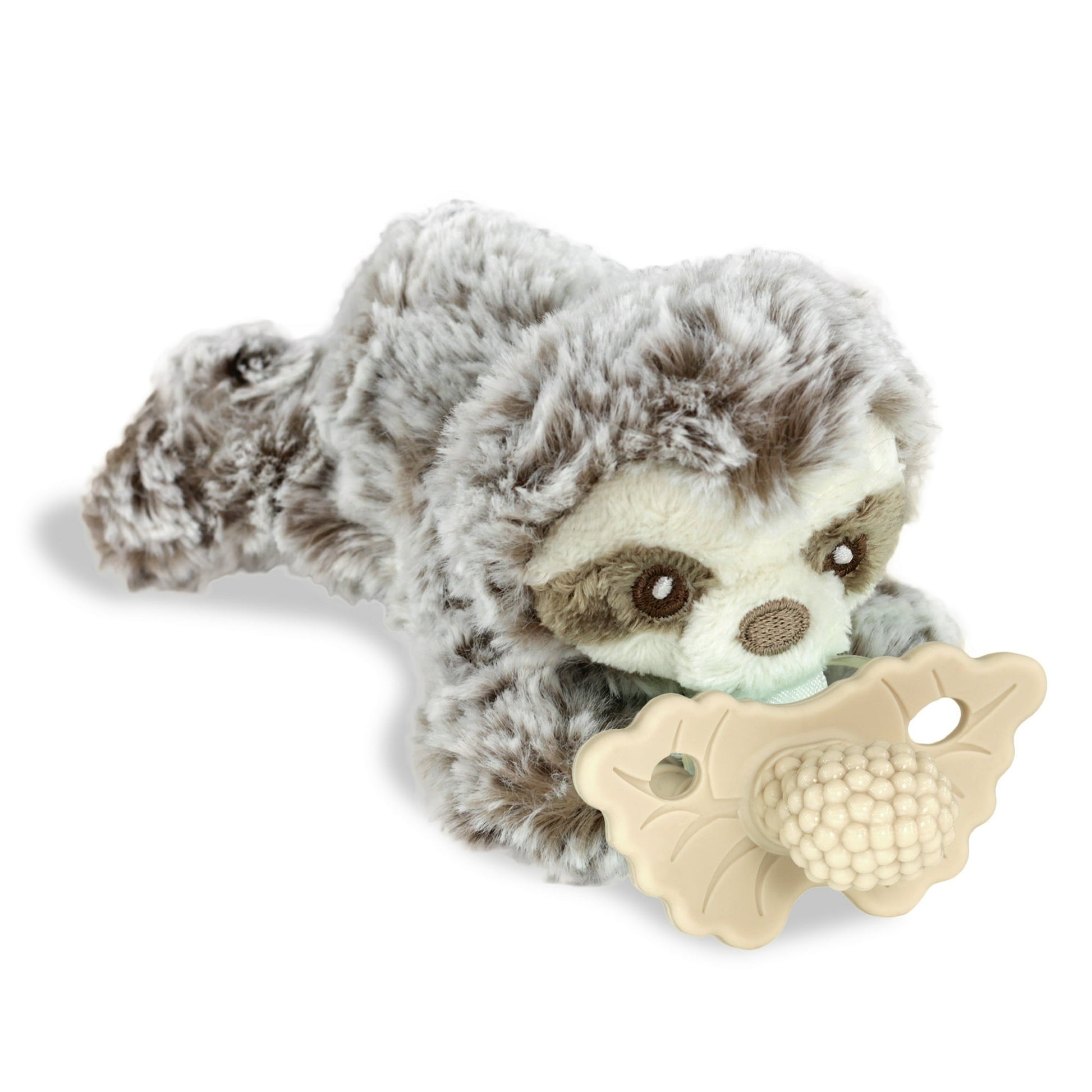 Plush sloth toy with a beige teething ring on a white background