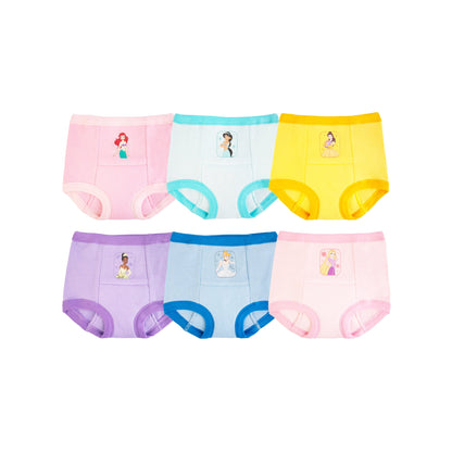 Six colorful toddler training pants with character designs are arranged in two rows on a white background