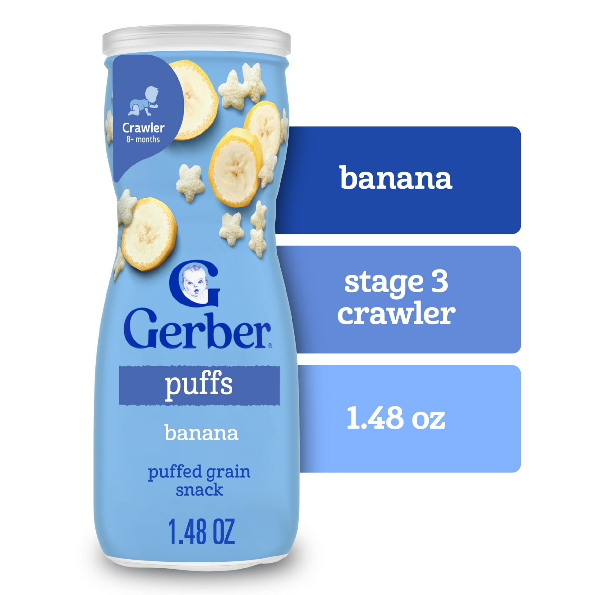 Puffs banana flavor packaging on a white background
