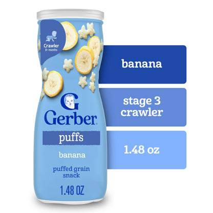 Puffs banana flavor packaging on a white background