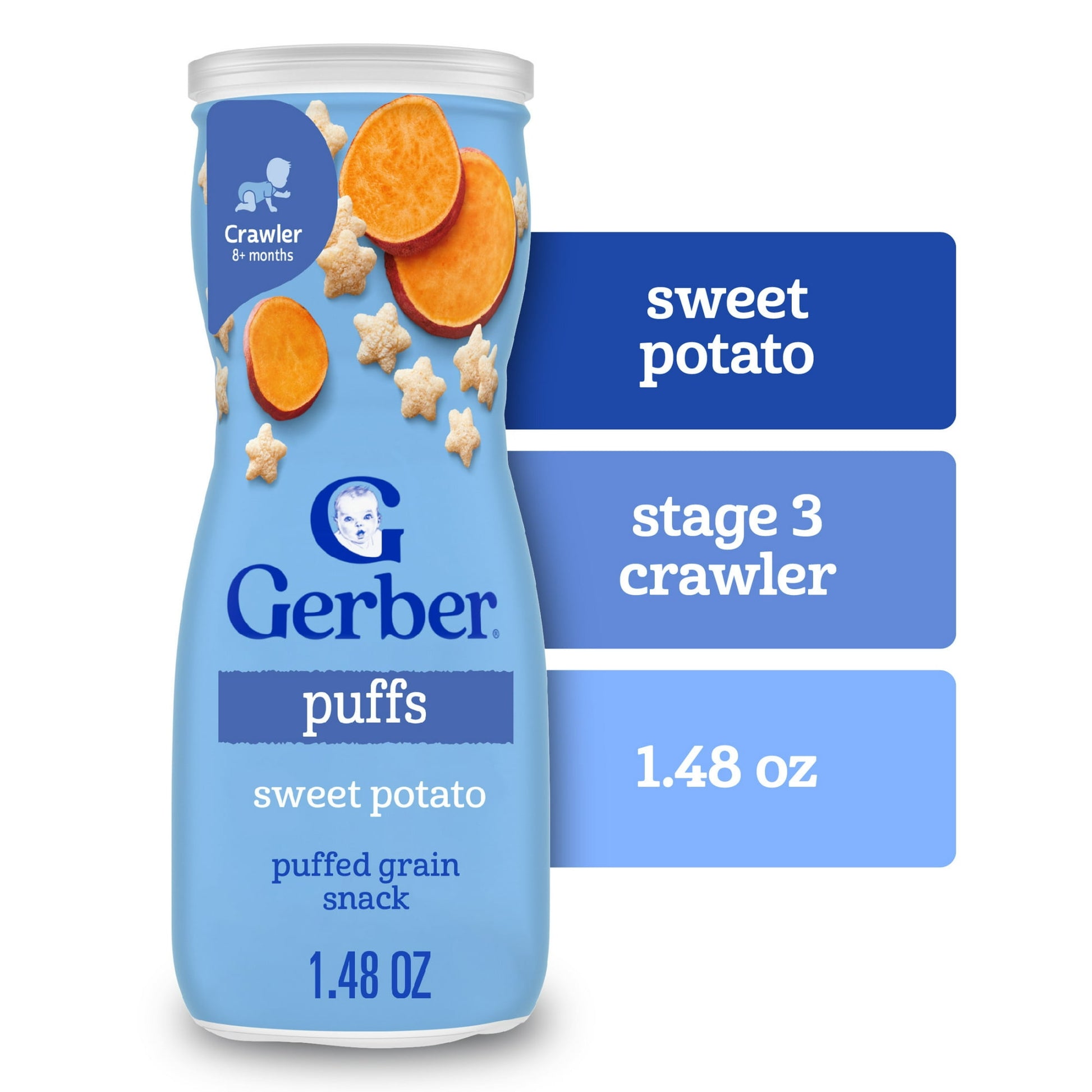 Puffs sweet potato puffed grain snack packaging on a white background