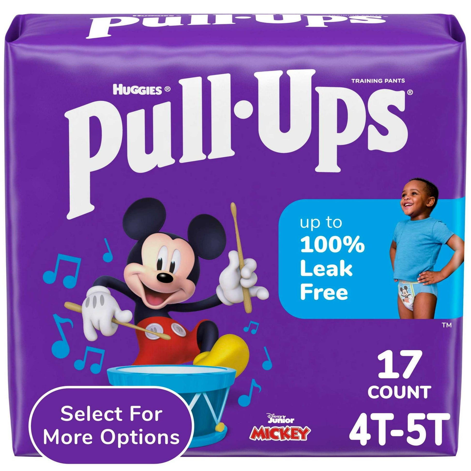 A purple box of training pants featuring Spider-Man characters Size 4T-5T, 17 count