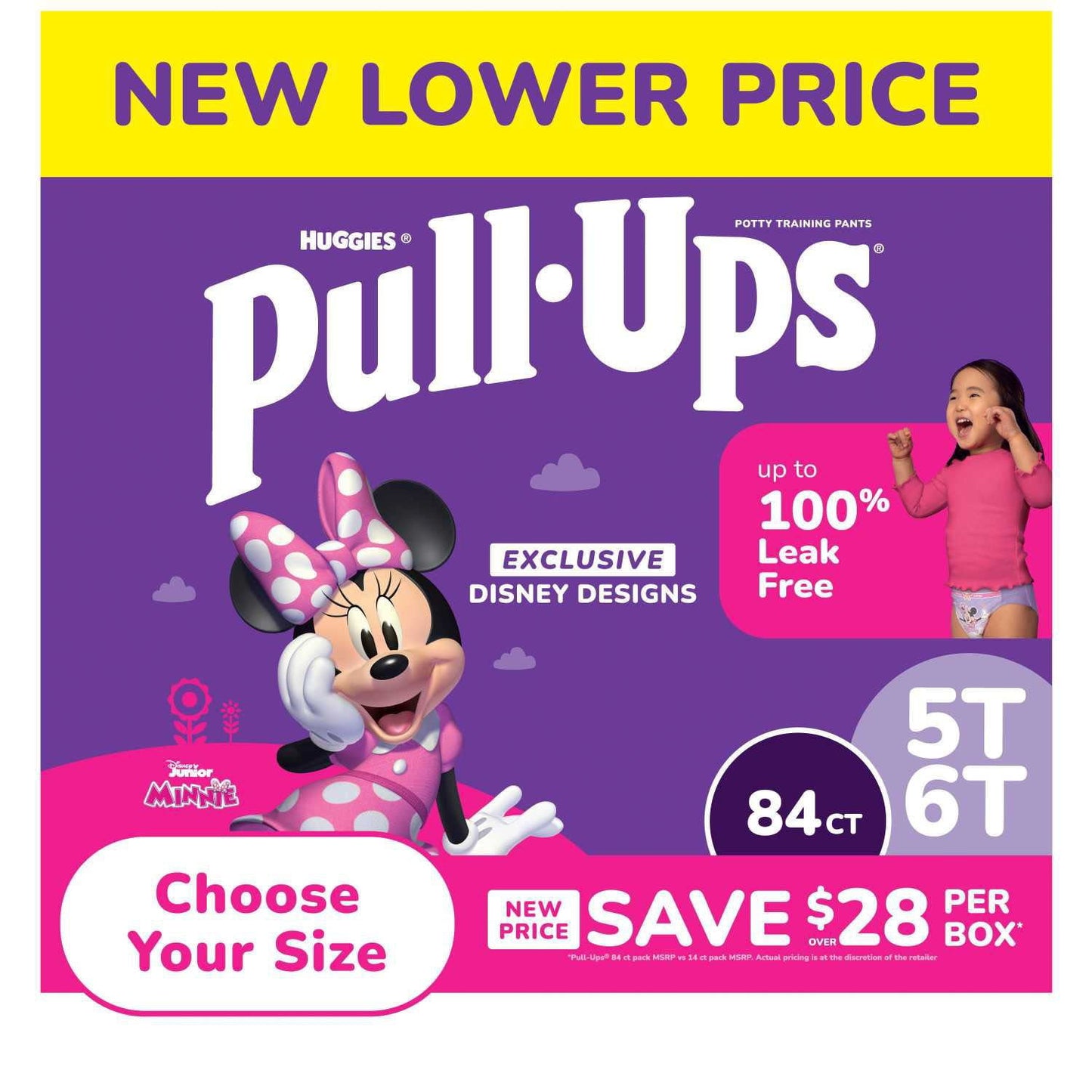Pull-Ups Disney designs packaging with Minnie Mouse, purple and pink color scheme.