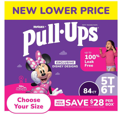 Pull-Ups Disney designs packaging with Minnie Mouse, purple and pink color scheme.