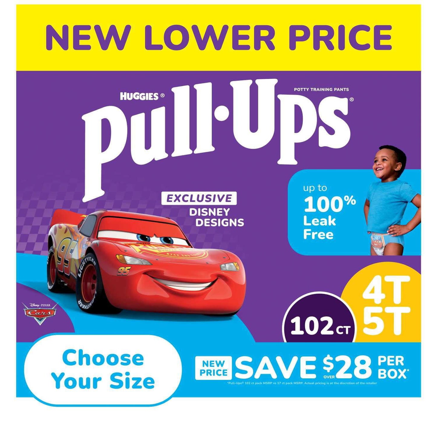 Pull-Ups packaging with Disney designs featuring a car character on a purple and blue background.