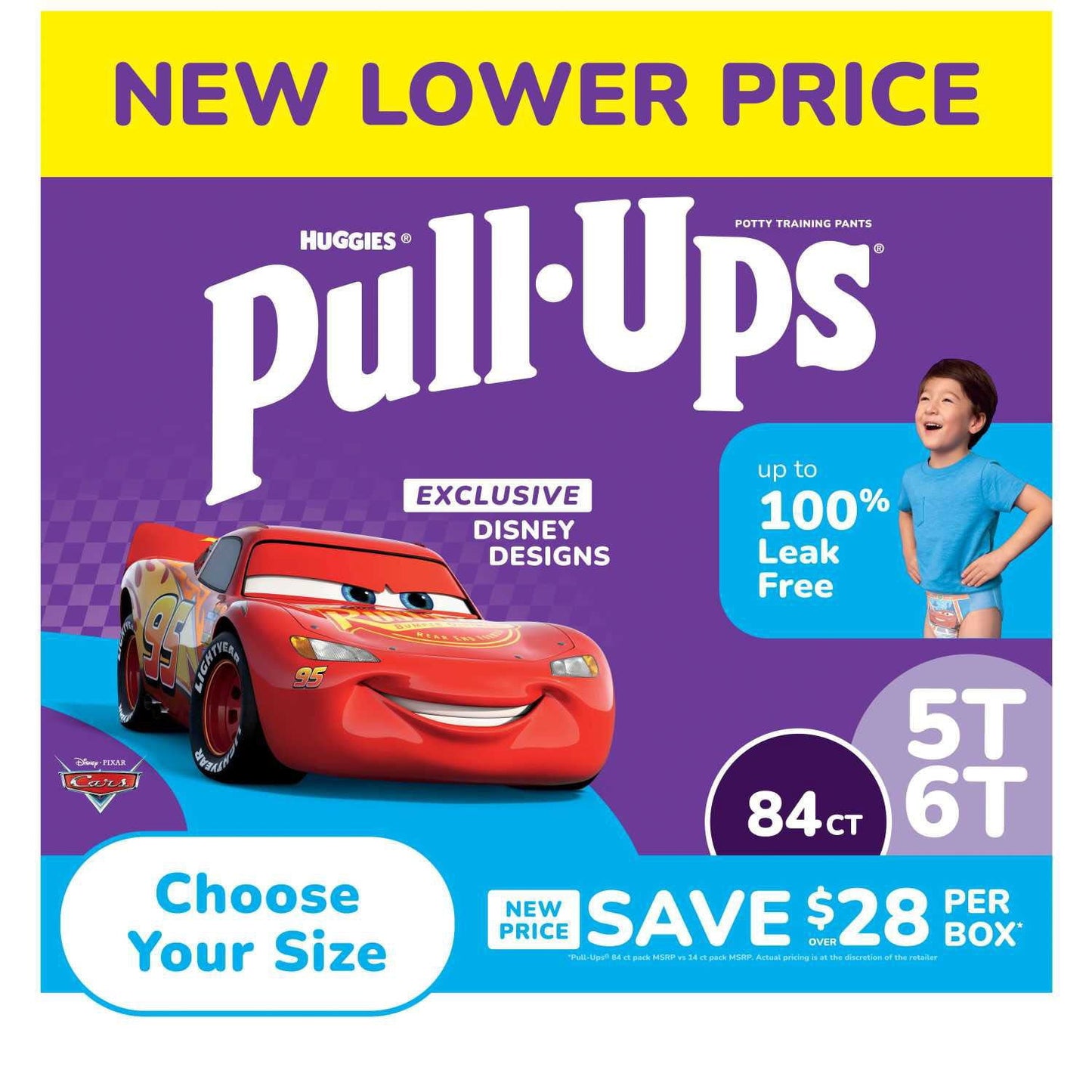 Pull-Ups packaging with Disney designs featuring a car character on a purple and blue background.