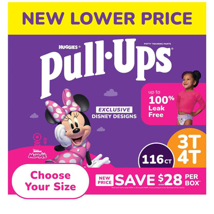 Pull-Ups packaging with Minnie Mouse, featuring a new lower price and Disney designs.