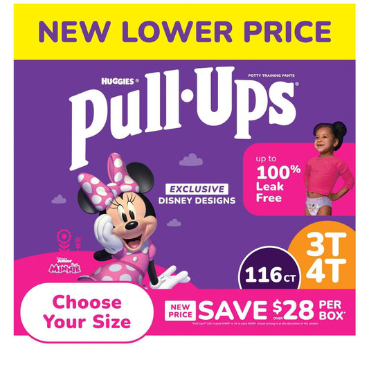 Pull-Ups packaging with Minnie Mouse, featuring a new lower price and Disney designs.