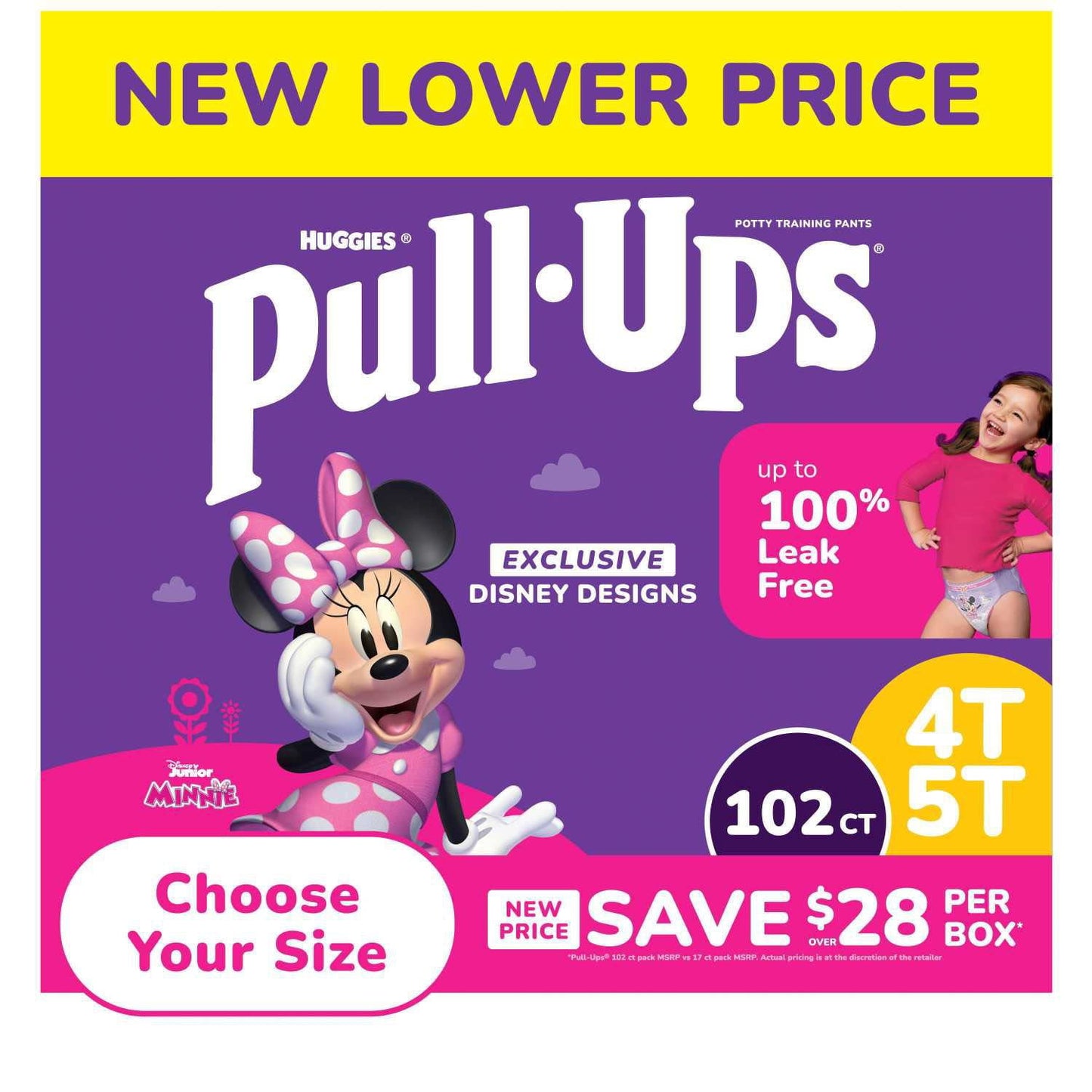 Pull-Ups packaging with Minnie Mouse, featuring a new lower price and Disney designs.