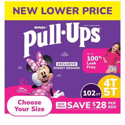 Pull-Ups packaging with Minnie Mouse, featuring a new lower price and Disney designs.