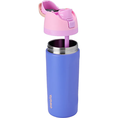 Purple water bottle with pink lid and straw on a white background