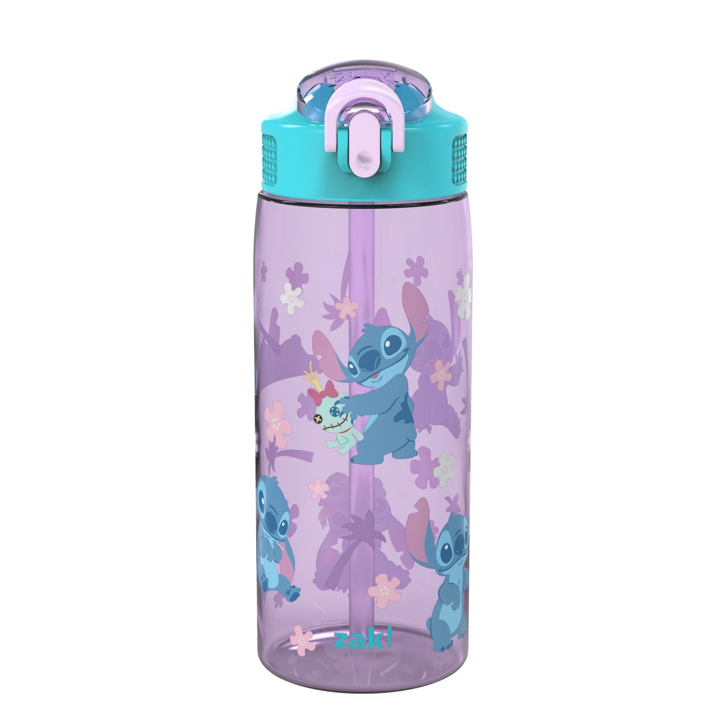 Purple water bottle with cartoon character design on a white background