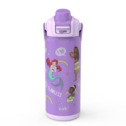 Purple water bottle with cartoon characters on a white background