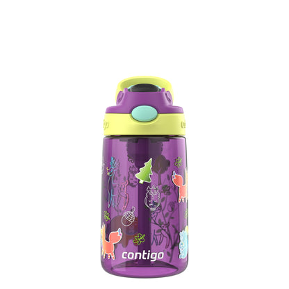 Purple water bottle with colorful designs and a yellow lid on a white background