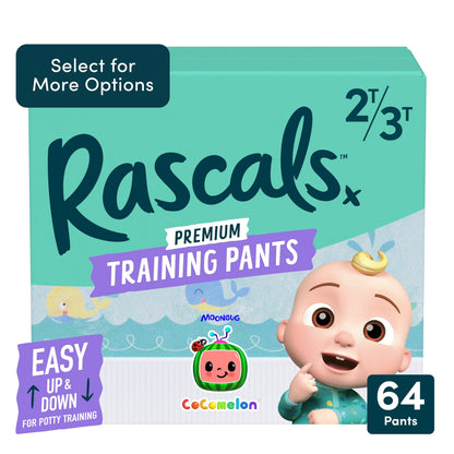 A package of premium training pants featuring a cartoon baby 2T-3T, 64 count