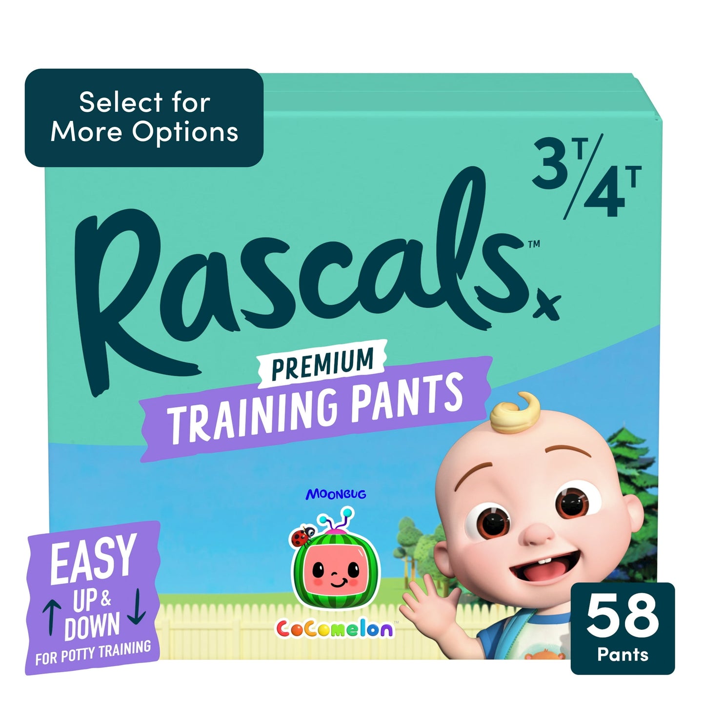 A package of premium training pants featuring a cartoon baby 3T-4T, 58 count