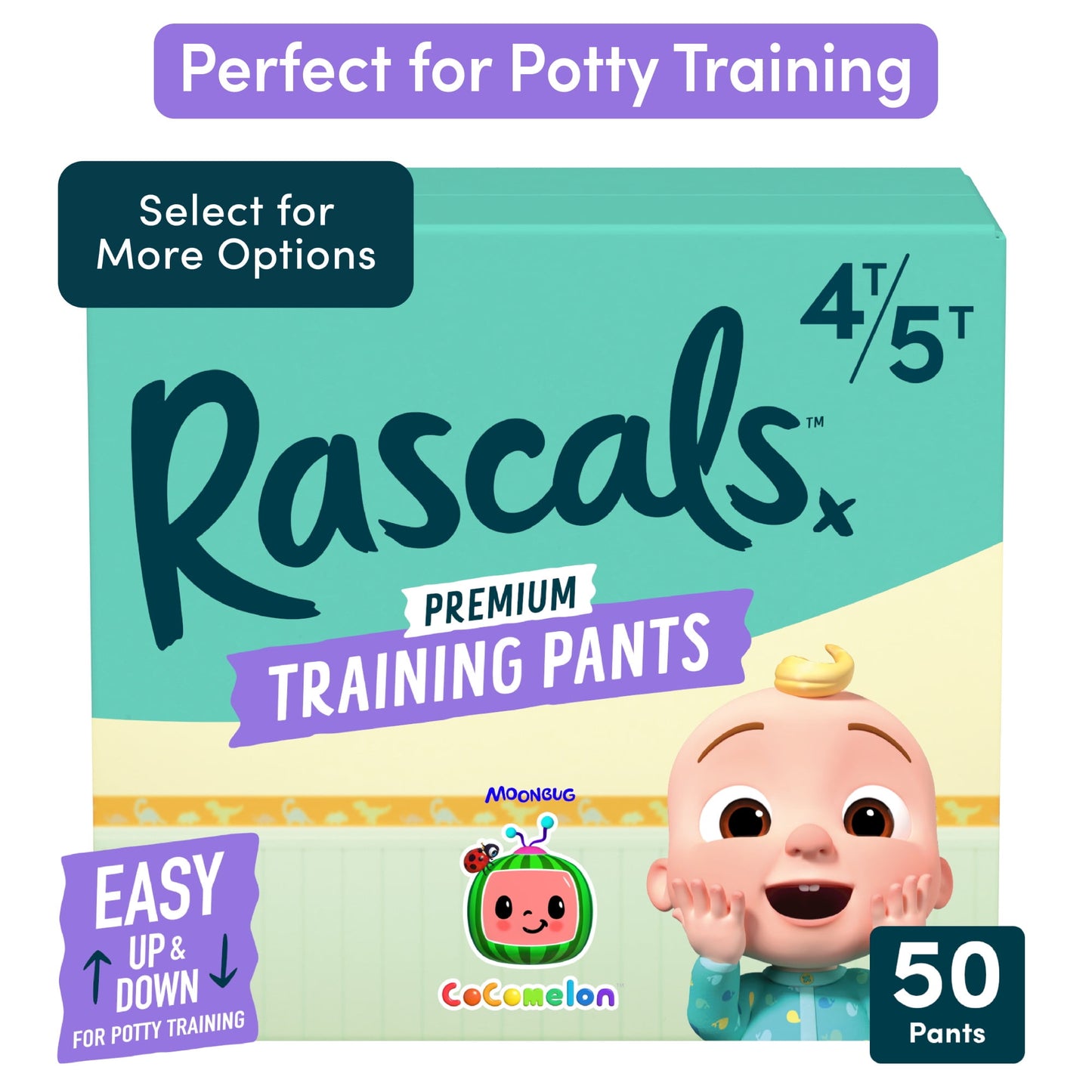 A package of premium training pants featuring a cartoon baby 4T-5T, 50 count