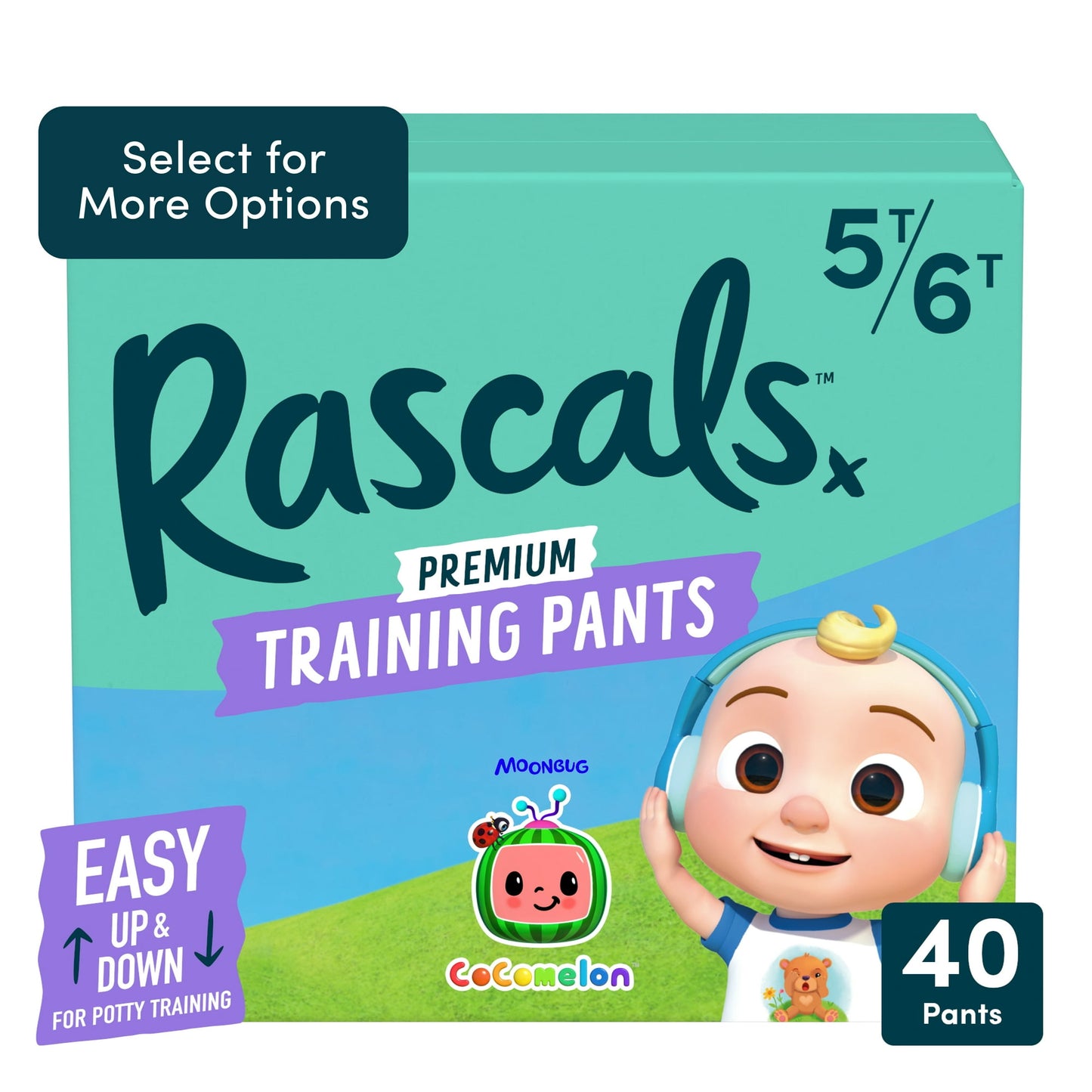 A package of premium training pants featuring a cartoon baby 5T-6T, 40 count