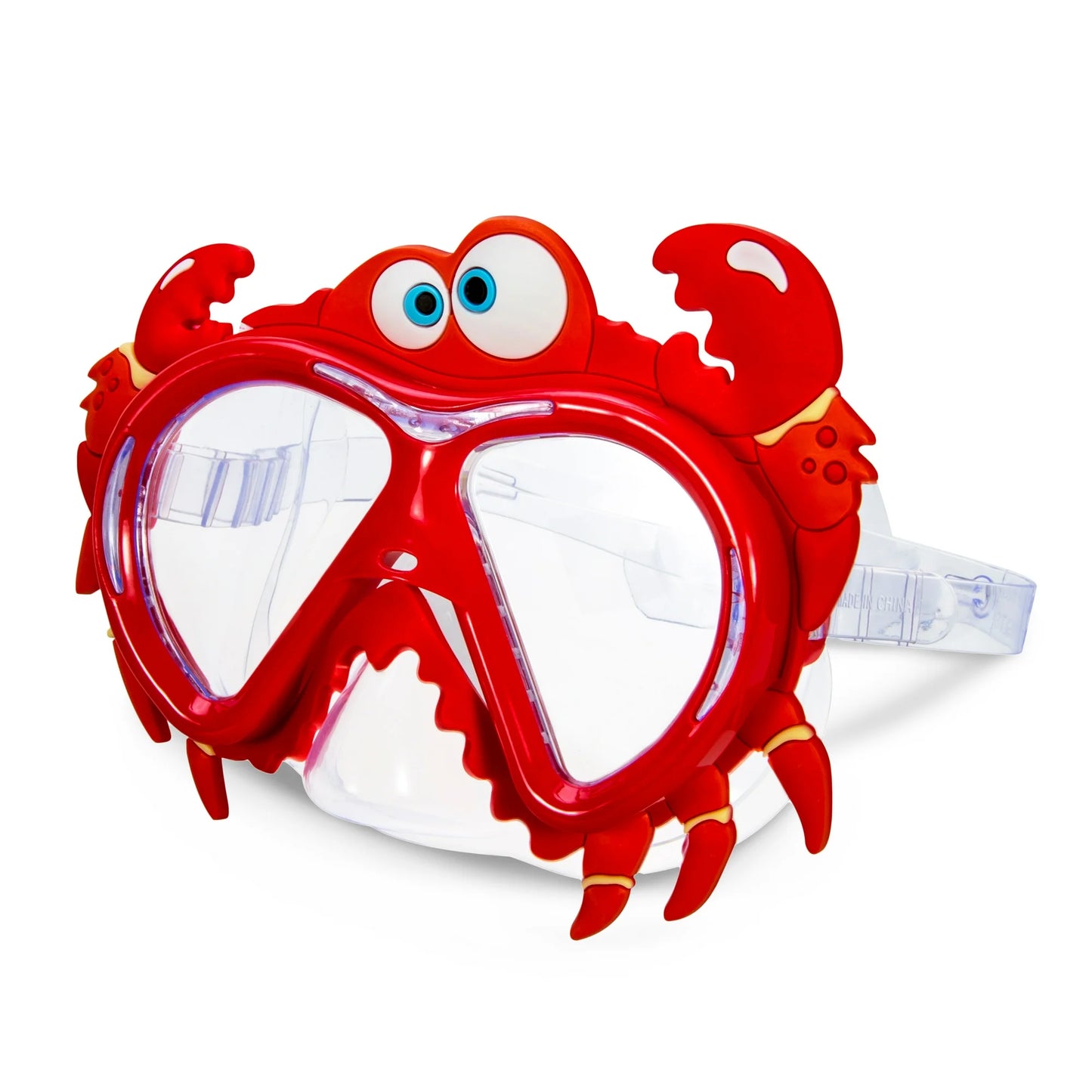 Red crab-themed diving mask on a white background