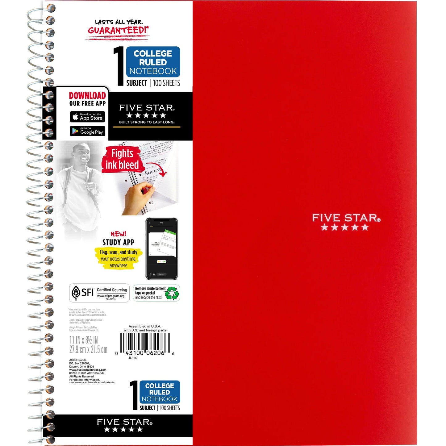 Red notebook with branding and product details on a white background