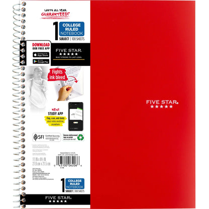 Red notebook with branding and product details on a white background