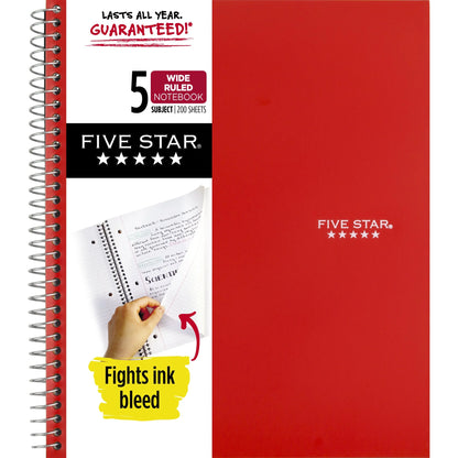 Red notebook with promotional text on a white background