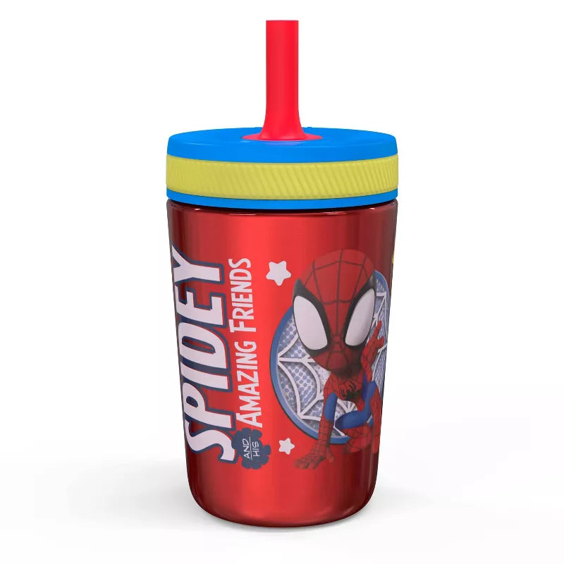 Red tumbler with Spider-Man design and colorful lid on a white background