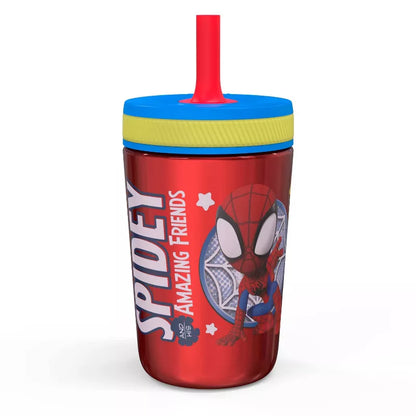 Red tumbler with Spider-Man design and colorful lid on a white background