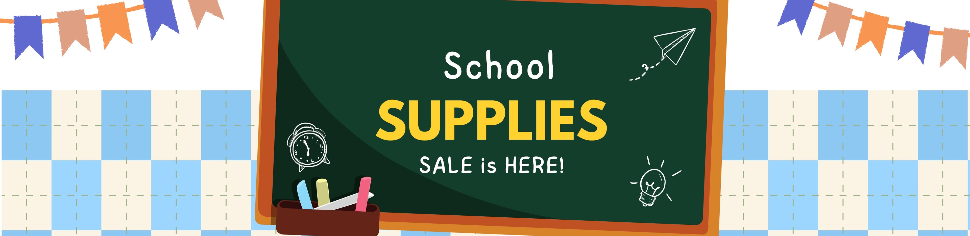 Promotional banner for school supplies sale with a chalkboard and checkered pattern.